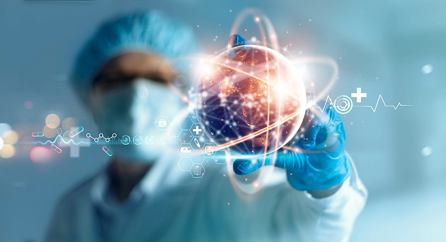A doctor holding out a globe